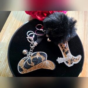 Bling Cowboy Hat & Boot Rhinestone Handbag Charm & Keychain Set